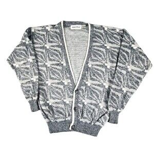 Vintage Michael Gerald Sweater Small Gray Geometric Knit Cardigan USA Grandpa
